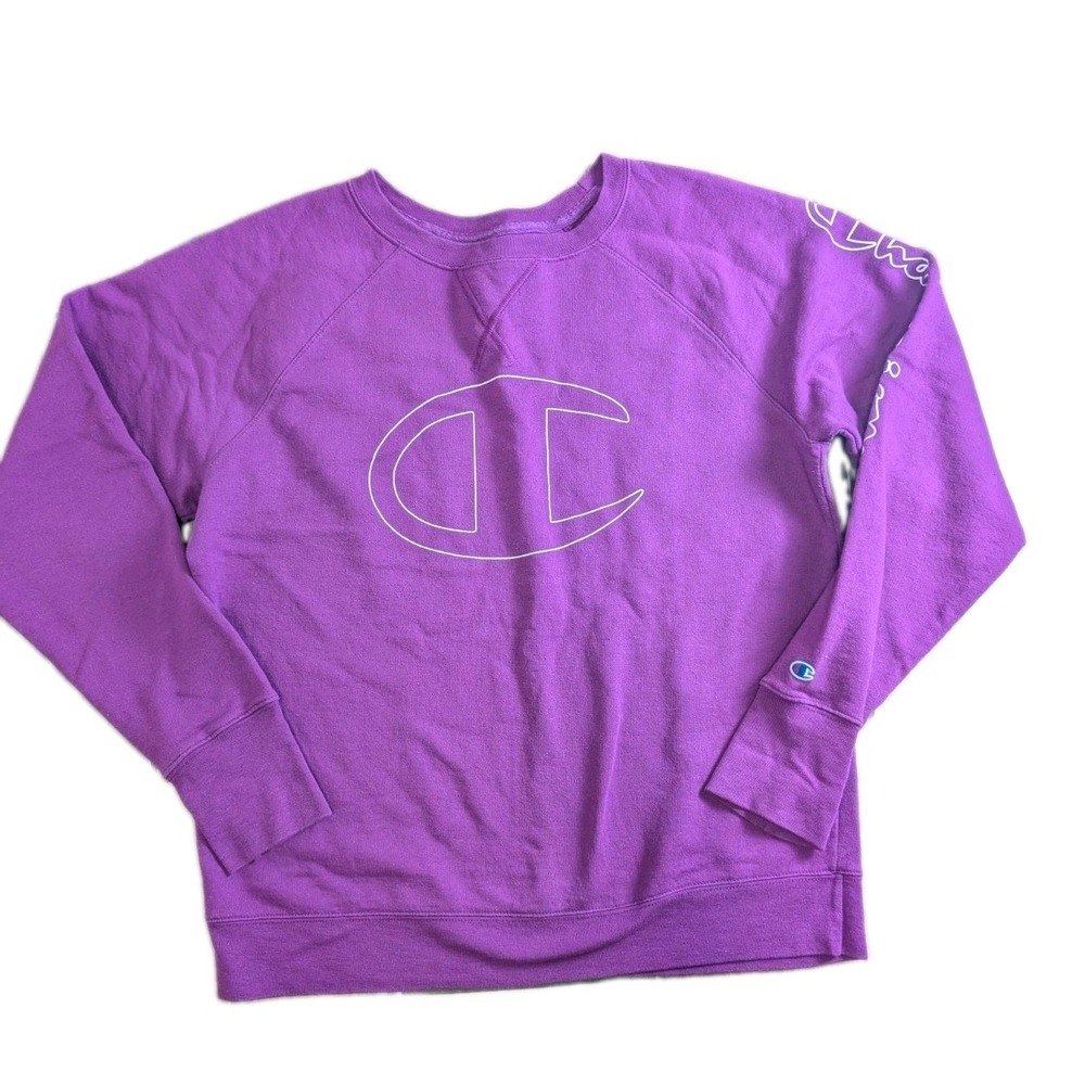 Champion Women's Purple Crewneck Sweatshirt Big C Logo Sleeve Spell Out Large